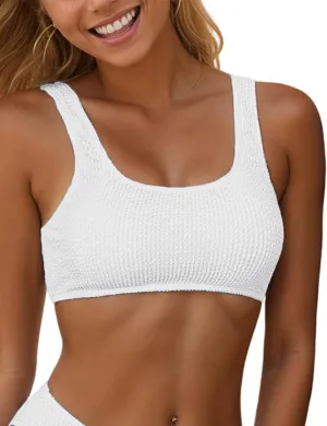 YIMISAN Womens Ribbed Sport Bra Swimsuit Top Scoop Neck Bathing Suits Top Padded Bikini Top Only